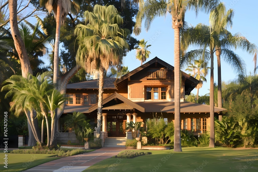 A craftsman house with a light-colored exterior, surrounded by tall palm trees, evoking a tropical oasis vibe.