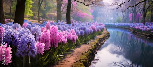 A river flows through a forest abundant with magenta and pink flowers  creating a vibrant natural landscape filled with plant life and colorful petals