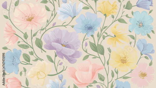  A charming and delicate pastel-colored flower design pattern features a variety of blossoms in soft hues of pink, blue, purple, and yellow. The flowers are intricately intertwined with a touch of gre