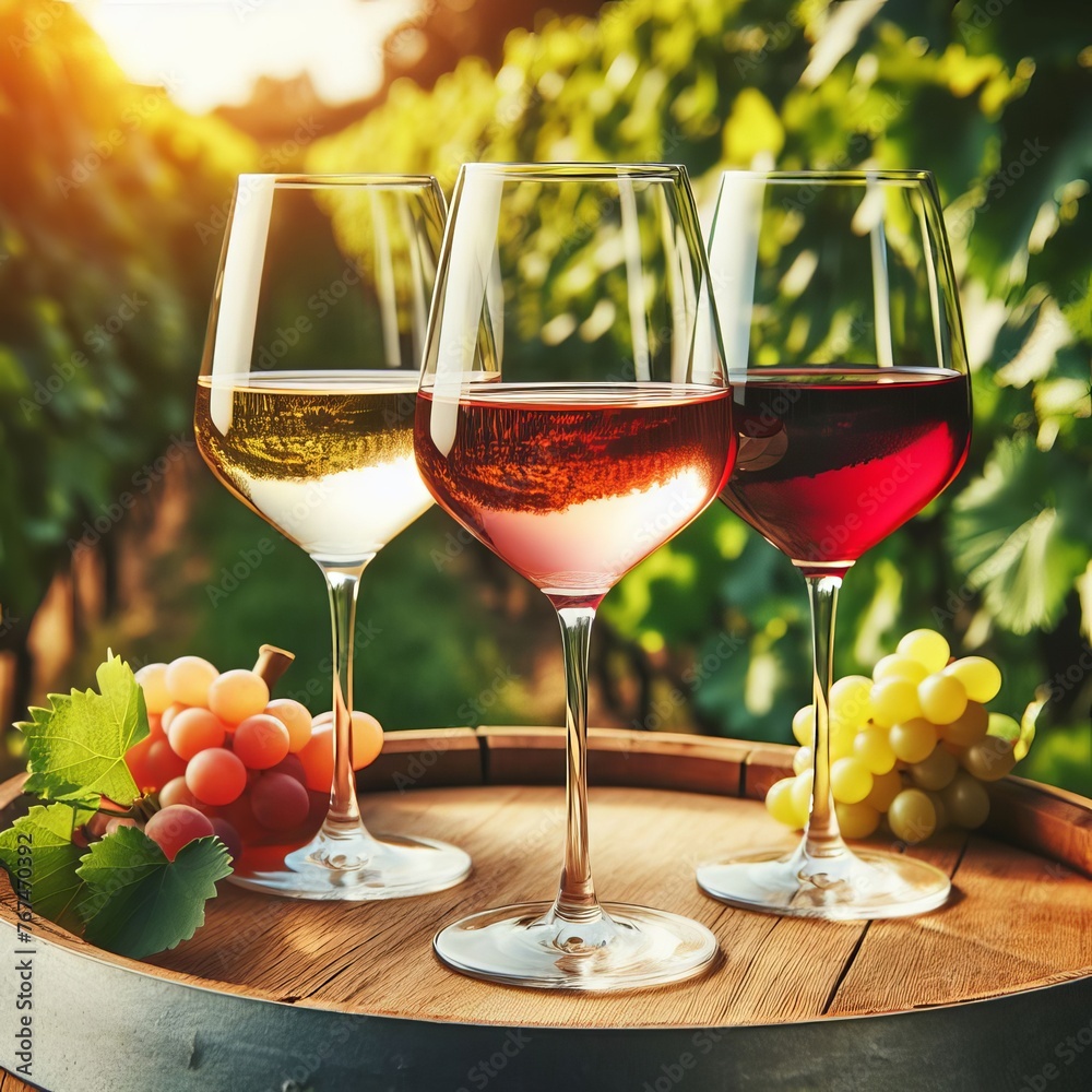 In a wide photo, three glasses of white, rosé, and red wine sit elegantly atop a wooden barrel nestled in the vineyard, inviting a moment of relaxation