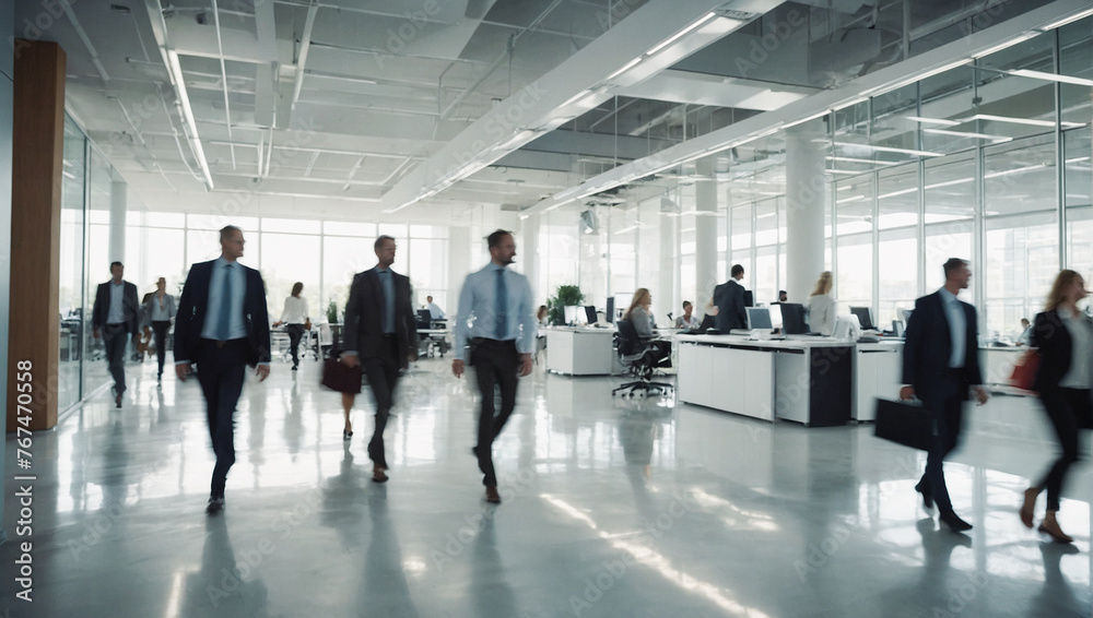 Bright workplace office with people walking blur Bright workplace office with people walking blur