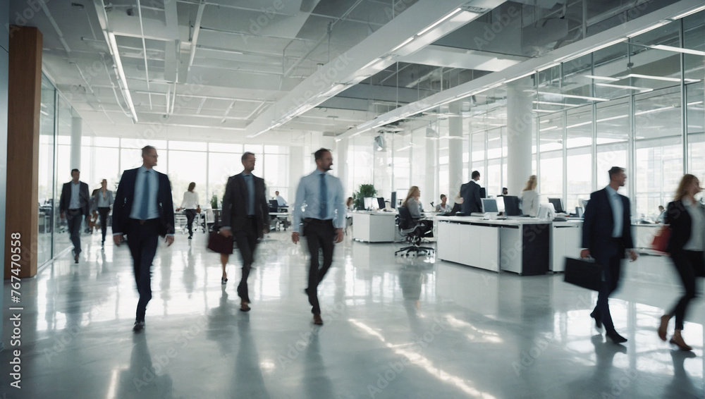 Bright workplace office with people walking blur 