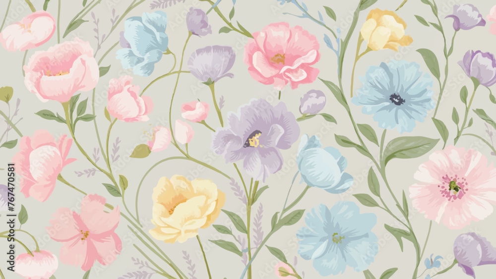 
A charming and delicate pastel-colored flower design pattern features a variety of blossoms in soft hues of pink, blue, purple, and yellow. The flowers are intricately intertwined with a touch of gre