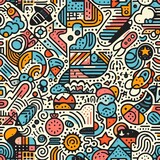 A playful and vibrant seamless pattern composed of colorful line doodles in a creative minimalist style, perfect for children's designs or trendy backgrounds