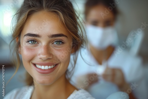 A woman with a mask is smiling happily at a cosmetic dentistry event, her eyebrow raised in a gesture of joy. Her eyelashes flutter as she beams in front of the dentist, showcasing her perfect smile