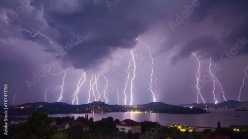  a bunch of lightning strikes in the sky over a town and a body of water with houses in the foreground.