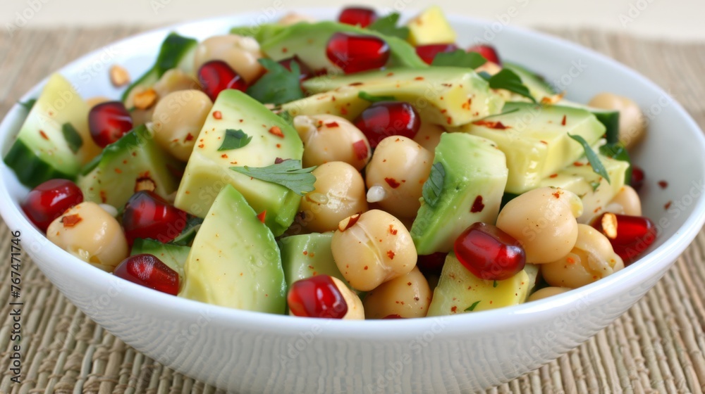  a white bowl filled with avocado, chickpeas, and pomegranates on top of a table.