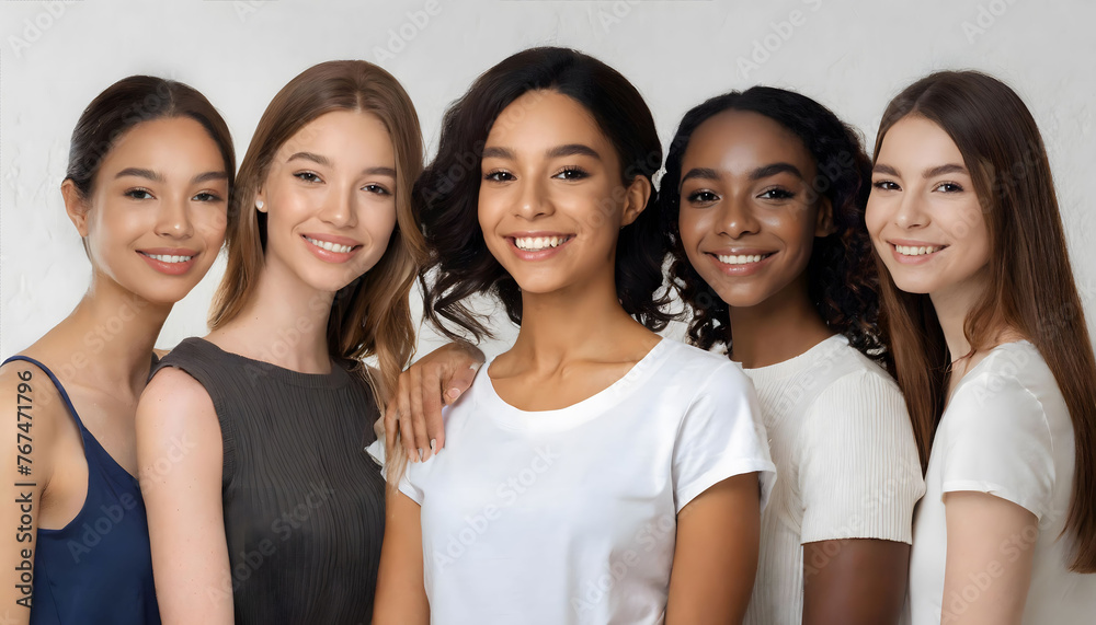 A diverse group of people from different cultures and races smiling together towards the camera in unison. A diverse group of people from different cultures and races smiling together towards the camera in unison.
