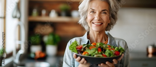 Ältere Frau lächelt glücklich und hält eine gesunde Schüssel voll Salat, blurred Küche im Hintergrund, Konzept gesunde Ernährung im Alter