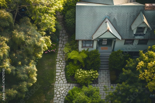 A bird's-eye perspective showcasing the timeless beauty of a charming craftsman home exterior in soft mint green, with a stone pathway.