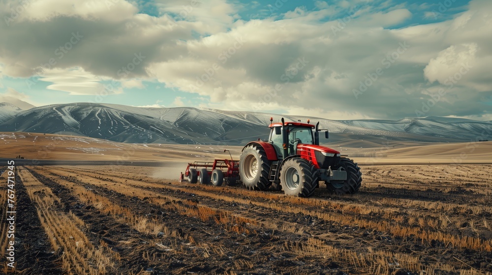 Tractor in wheat field. Tractor on a wheat field. - obrazy, fototapety, plakaty 