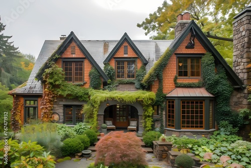 A cozy craftsman house exterior featuring earthy terracotta tones, framed by cascading ivy vines.
