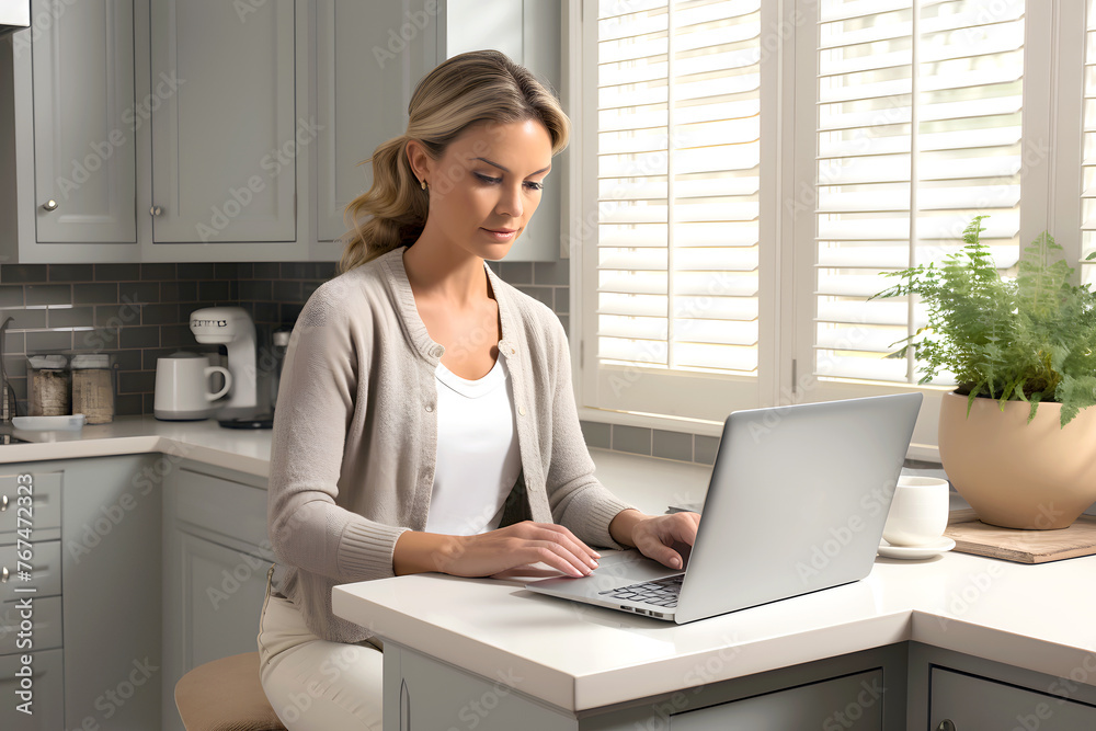woman works on a laptop in the kitchen of her home. experience. business online. freelancing