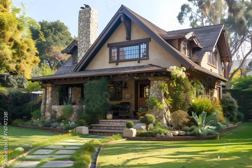 A craftsman house exterior in a warm beige color, featuring a gabled roof, stone accents, and a lush backyard garden. © pick pix
