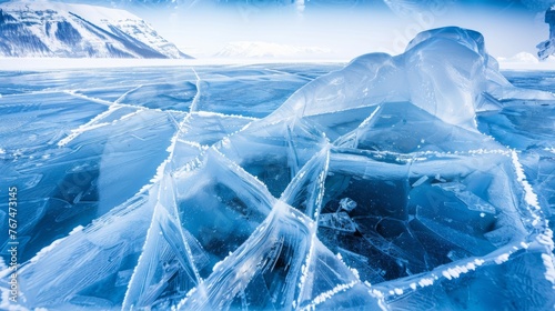  a group of ice cubes floating on top of a body of water next to a snow covered mountain range.