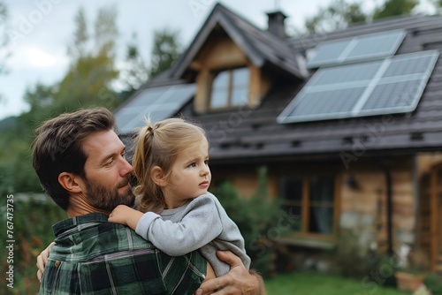 Rückansicht eines Vaters, der sein kleines Mädchen im Arm hält und ihr Haus mit installierten Sonnenkollektoren zeigt. Konzept Nachhaltigkeit, Alternative Energie