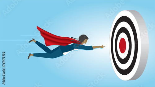 Woman aiming to bulls eye on dartboard. Goals and motivation. Dimension 16:9. Vector illustration.