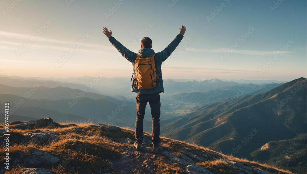 Man celebrating at mountain summit Man celebrating at mountain summit