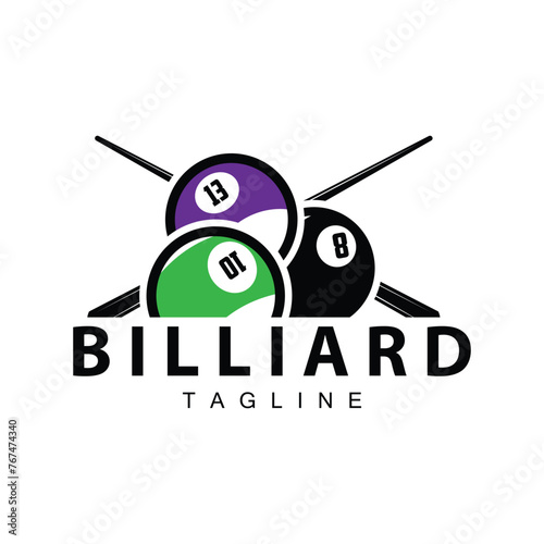 Billiard club logo design vector game badge sport template pool table with ball and stick simple illustration template