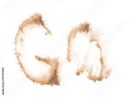 GO Text Word of Sand letter. Calligraphy of Sand flying explosion with GO text wording in alphabet english letter. White background Isolated throwing particle element object photo