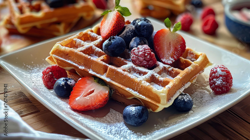 Belgian waffles on a plate with fruit.