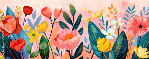 Floral banner with tulips and other spring flowers.