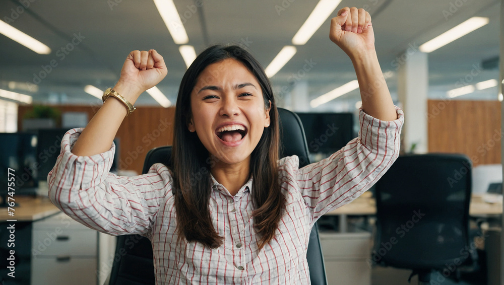 Young woman celebrating in office 