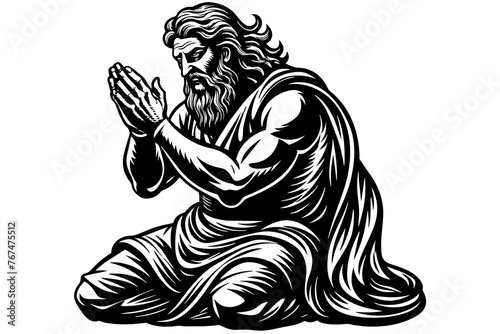 Zeus on his knees with his hands open in prayer silhouette vector art illustration