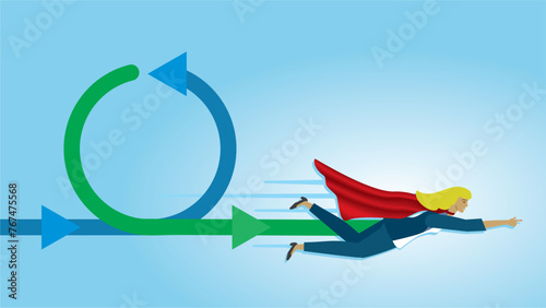 Superhero, superwoman flying in process workflow. Dimension 16:9. Vector illustration.