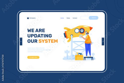 System engine upgrade notification illustration on landing page design