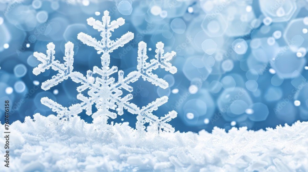  a close up of a snowflake on a blue background with boke of light and snow flakes.