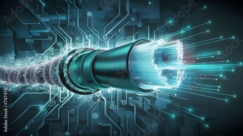 Optical Fiber Cable on Abstract Technology Background: 3D Illustration