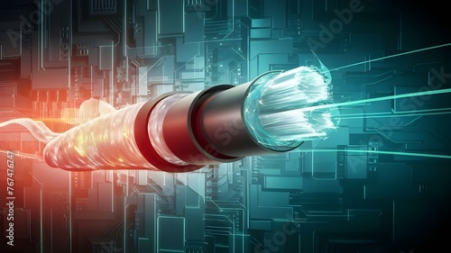 Optical Fiber Cable on Abstract Technology Background  3D Illustration