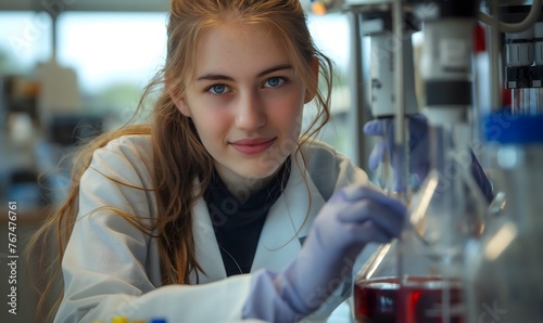 junges Mädchen, Studentin Wissenschaft, Naturwissenschaften, Chemikantin, arbeitet im Labor, Konzept Ausbildung und Studium photo