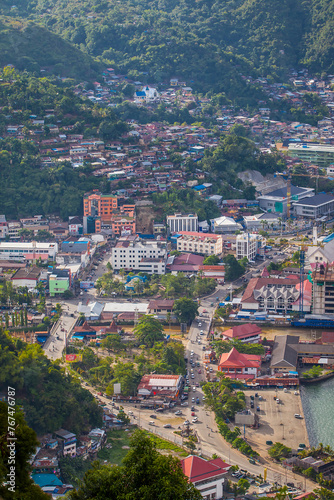Jayapura City Center on the shores of Youtefa Bay seen from a height. Jayapura is the capital of Papua Province, the capital of the easternmost province in Indonesia.