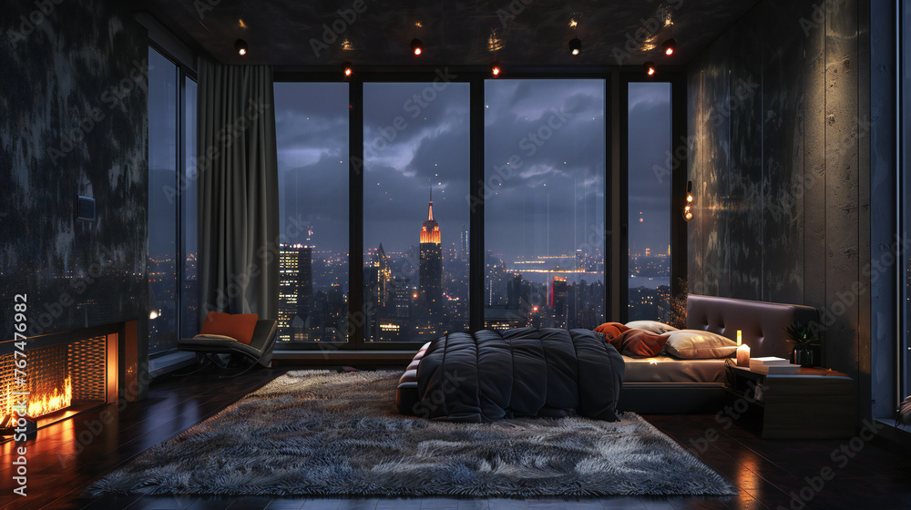 custom made wallpaper toronto digitalNight scene, Modern style luxury black master bedroom with city view