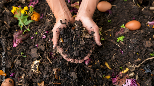 hands holding compost soil above a compost pile containing various decomposing organic materials. photo