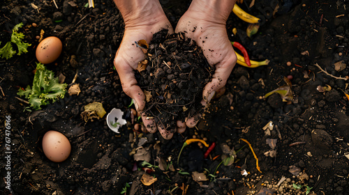 hands holding compost soil above a compost pile containing various decomposing organic materials. photo