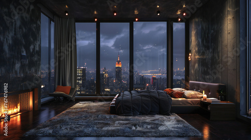 Wallpaper Mural Night scene, Modern style luxury black master bedroom with city view Torontodigital.ca