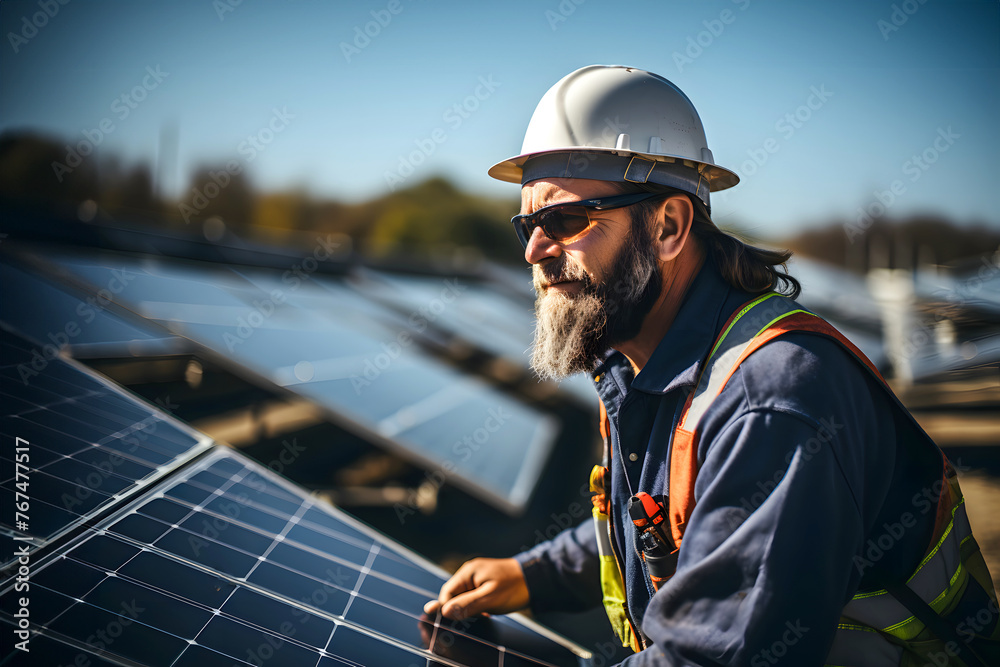 Obraz premium male worker installing solar energy panel in a field at sunset. renewable energy concept. ecology. energy industry