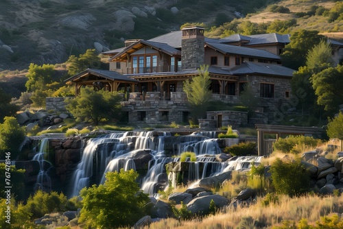 A craftsman house with a light-colored exterior, nestled in a mountainous landscape, with cascading waterfalls in the distance.