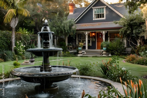 A craftsman house with a dark exterior, showcasing a well-maintained garden and a tranquil water fountain.
