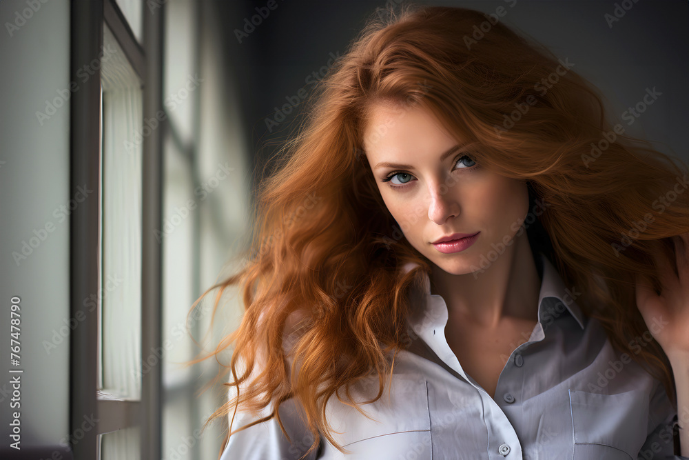 portrait of a beautiful young woman with luxuriant hair in the room. female beauty and health in youth portrait of a beautiful young woman with luxuriant hair in the room. female beauty and health in youth