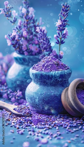 Lavender flowers in mortar on table  natural cosmetic ingredient with text space