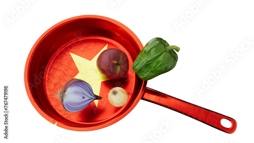 Nutritious Ingredients on a Vibrant Vietnamese Flag Inspired Frying Pan