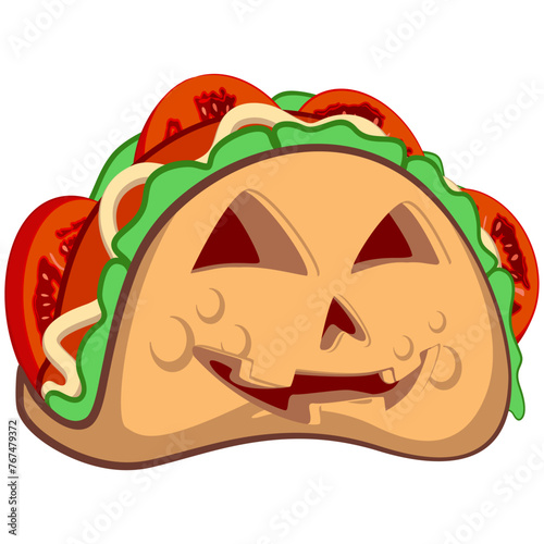 cute taco mascot character emoticon resembling a halloween pumpkin, cute taco mascot