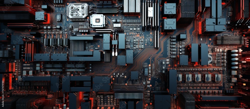 A detailed closeup image of a motherboard showcasing numerous electronic components. The intricate layout resembles a bustling cityscape of interconnected engineering fixtures