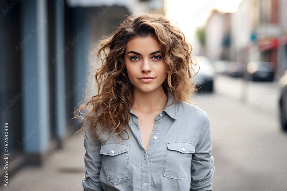portrait of a beautiful young woman in a blue denim shirt portrait of a beautiful young woman in a blue denim shirt