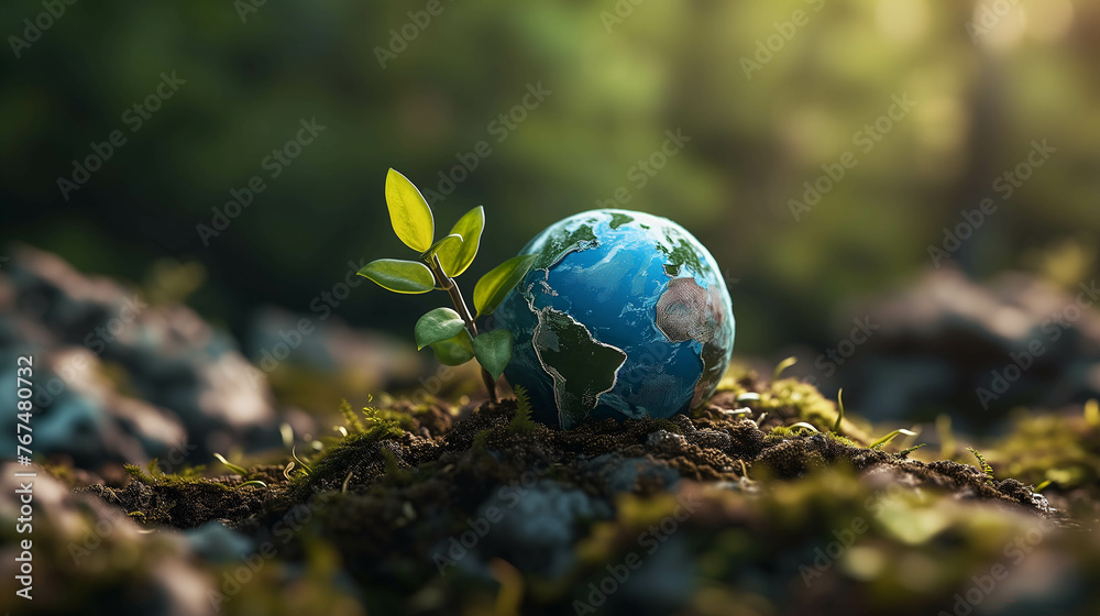 A globe placed and surrounded by green natural plants symbolizes the concept of loving the earth. A globe placed and surrounded by green natural plants symbolizes the concept of loving the earth.