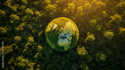 A globe placed and surrounded by green natural plants symbolizes the concept of loving the earth.